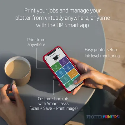 HP DesignJet T630 24-in Printer feature callout showing smartphone app interface with setup and monitoring options