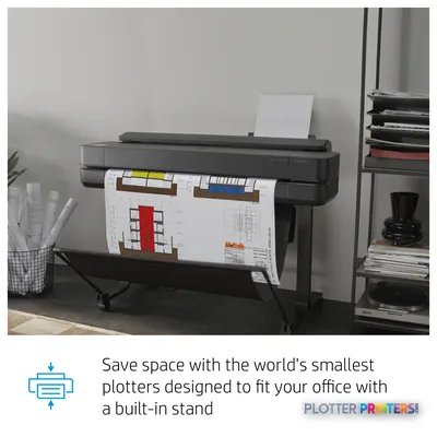 HP DesignJet T630 24-in Printer with annotated features, showing black printer on stand outputting architectural drawings