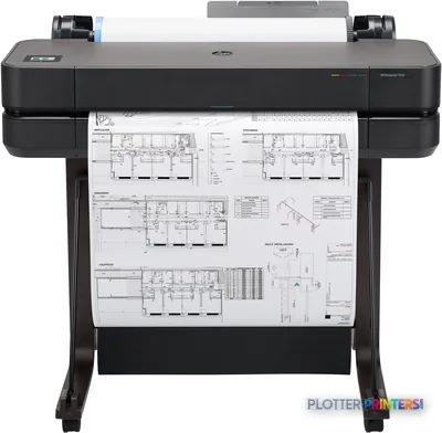 HP DesignJet T630 24-in Printer front view with architectural blueprints loaded