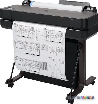 HP DesignJet T630 24-in Printer front-left view showing black printer with architectural blueprint output