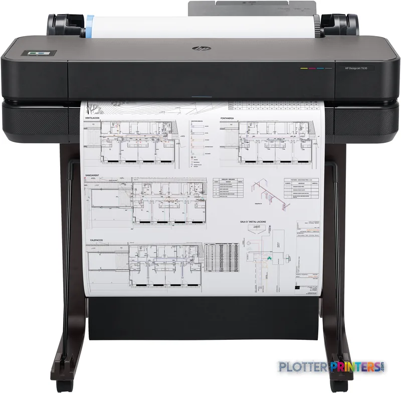 HP DesignJet T630 24-in Printer front view with architectural blueprints loaded