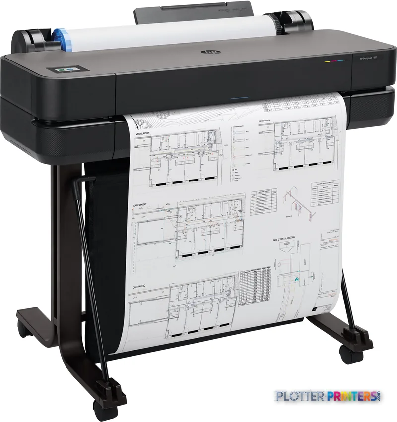 HP DesignJet T630 24-in Printer front-right view showing black printer with white paper roll loaded and architectural drawin…