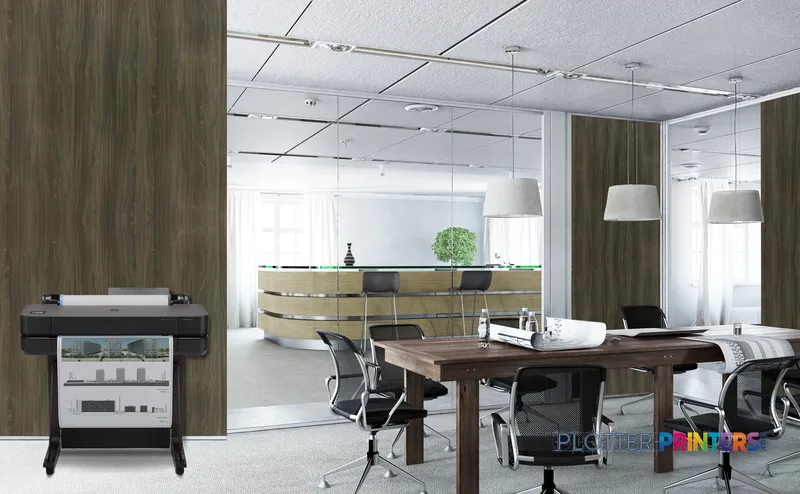 HP DesignJet T630 24-in Printer lifestyle image showing black printer in modern office workspace