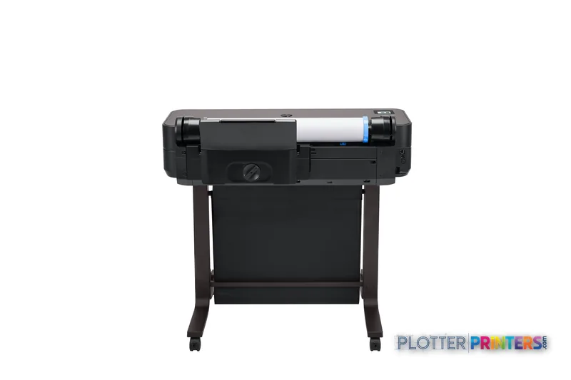 Rear view of HP DesignJet T630 24-in Printer showing paper roll and black stand base