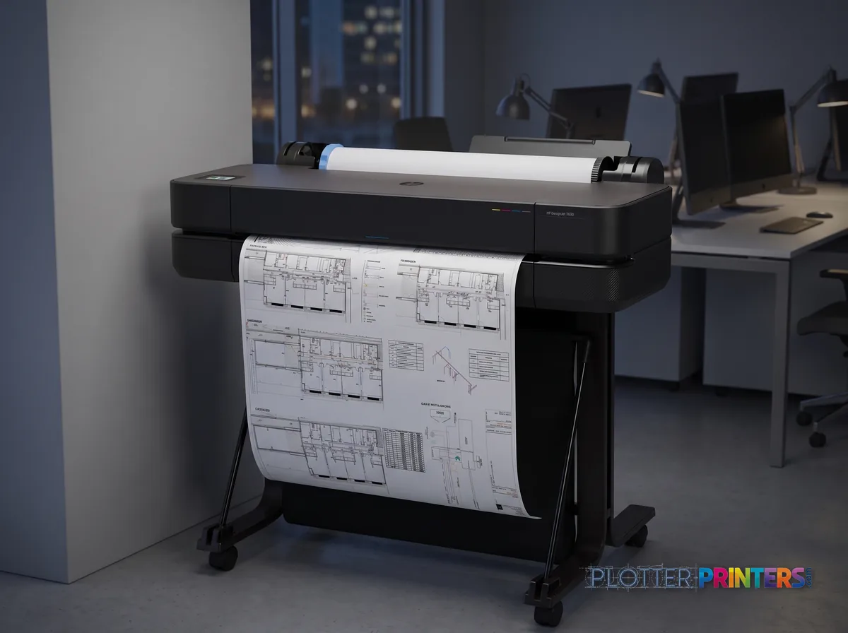 HP DesignJet T630 24-in Printer in an engineering office with a technical drawing at its print slot (staged scene from manufacturer product photography)