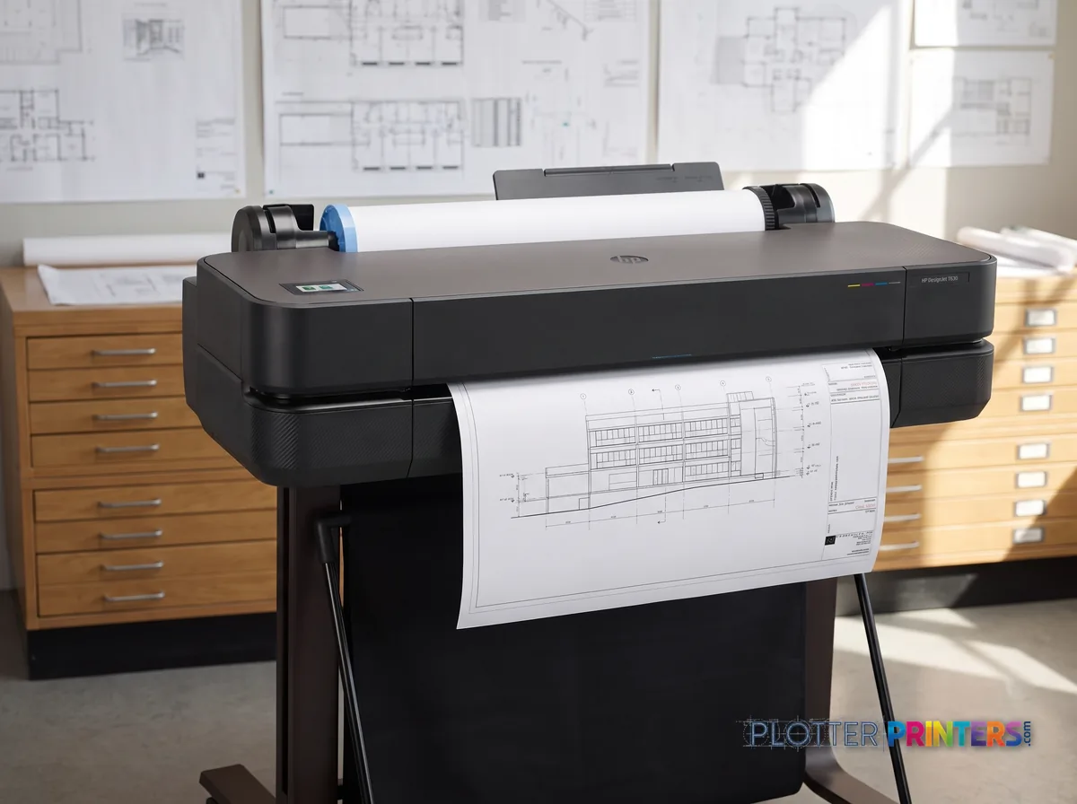 HP DesignJet T630 24-in Printer in a plan room beside flat-file drawers, printing a CAD elevation (staged scene from manufacturer product photography)