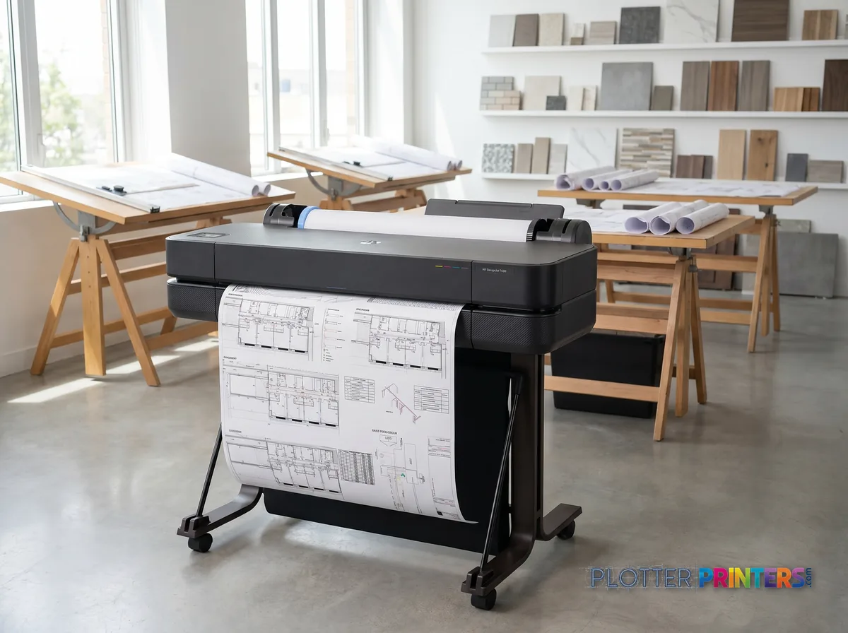 HP DesignJet T630 24-in Printer in a bright architecture studio, printing a large floor plan (staged scene from manufacturer product photography)