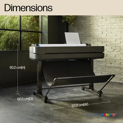 HP DesignJet T630 36-in Printer with dimension callouts showing height, depth, and width measurements in an office setting
