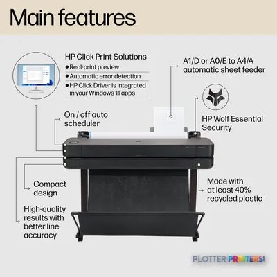 HP DesignJet T630 36-in Printer annotated product image showing main features and specifications