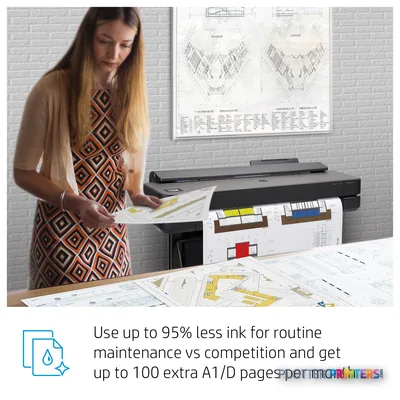 HP DesignJet T630 36-in Printer in use, showing a woman reviewing large-format architectural prints at a desk