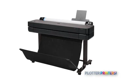 HP DesignJet T630 36-in Printer front-left view showing black printer with white paper feed and output tray