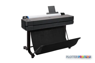 HP DesignJet T630 36-in Printer front-right view showing black printer with white paper roll loaded and output tray extended