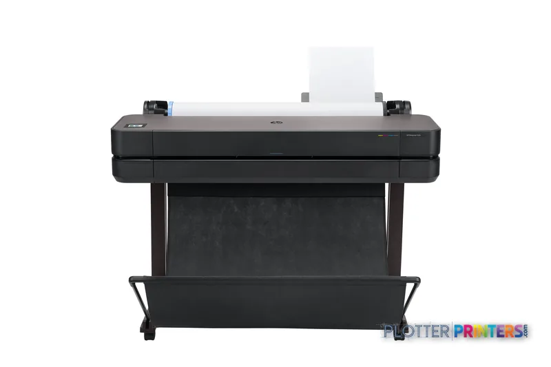 HP DesignJet T630 36-in Printer front-center view showing black printer with paper output tray