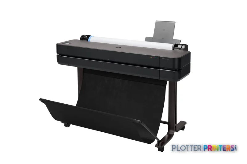 HP DesignJet T630 36-in Printer front-left view showing black printer with white paper feed and output tray