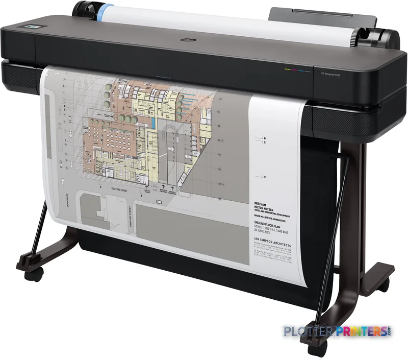 HP DesignJet T630 36-in Printer front-left view showing black printer with white paper roll loaded and architectural floor p…