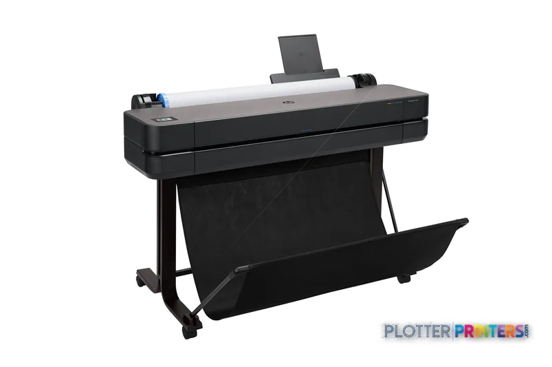 HP DesignJet T630 36-in Printer front-right view showing black printer with white paper roll loaded and output tray extended