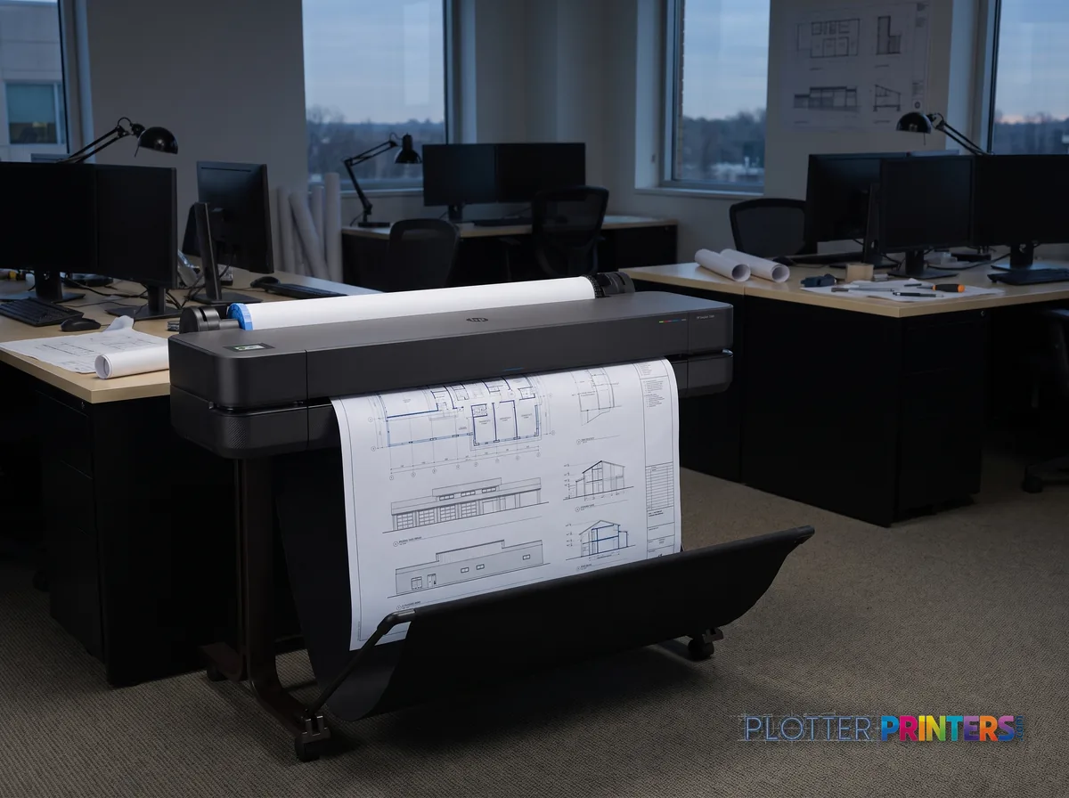 HP DesignJet T630 36-in Printer in an engineering office with a technical drawing at its print slot (staged scene from manufacturer product photography)