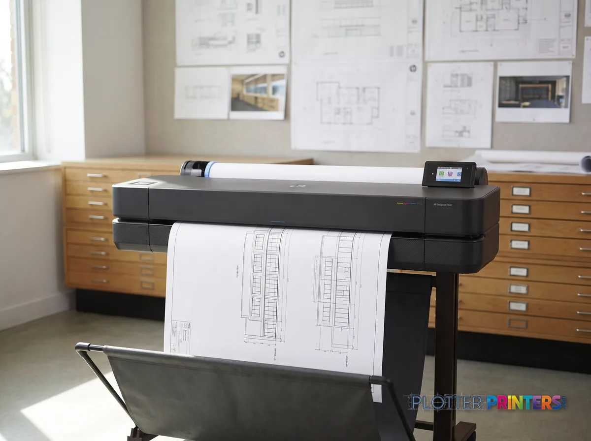 HP DesignJet T630 36-in Printer in a plan room beside flat-file drawers, printing a CAD elevation (staged scene from manufacturer product photography)