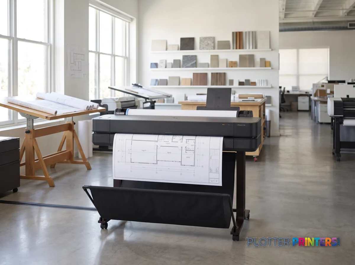 HP DesignJet T630 36-in Printer in a bright architecture studio, printing a large floor plan (staged scene from manufacturer product photography)