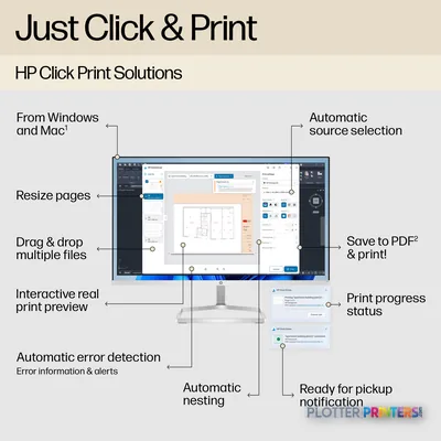 HP DesignJet T650 36-in Printer feature callout showing Click & Print software interface with labeled workflow options