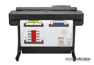 HP DesignJet T650 36-in Printer front-center view with architectural drawings and floor plans printed