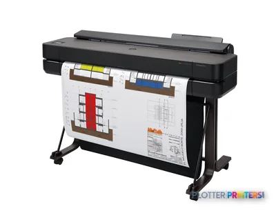 HP DesignJet T650 36-in Printer front-left view with architectural drawing output