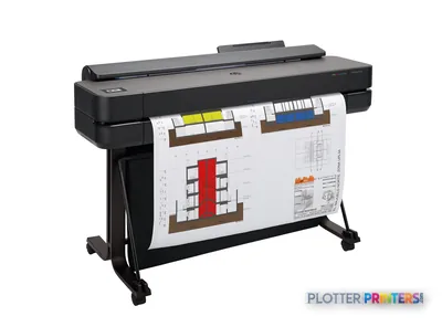 HP DesignJet T650 36-in Printer front-right view with architectural drawing output