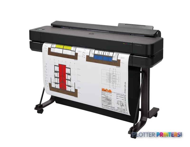 HP DesignJet T650 36-in Printer front-left view with architectural drawing output