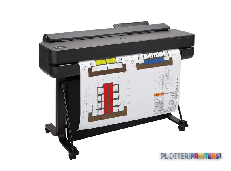 HP DesignJet T650 36-in Printer front-right view with architectural drawing output