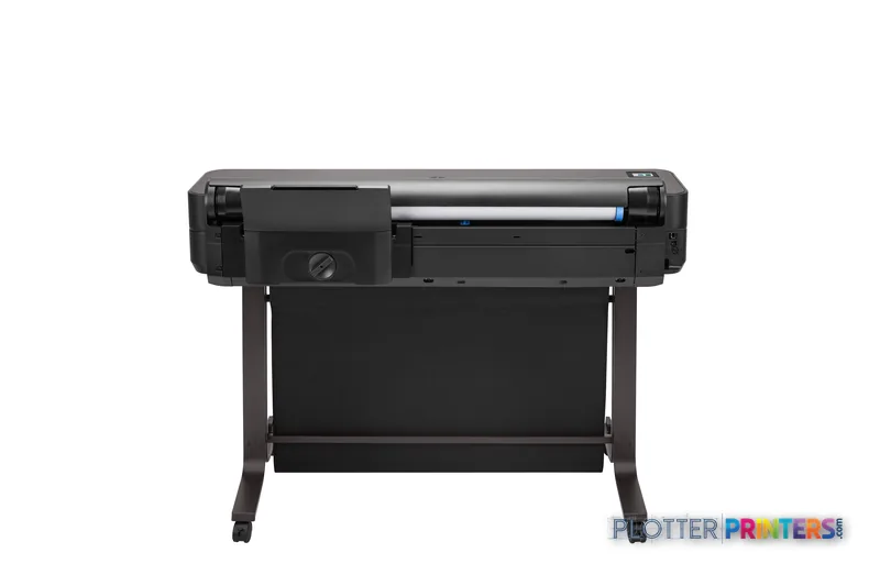 Rear view of HP DesignJet T650 36-in Printer showing black chassis, paper feed mechanism, and stand legs