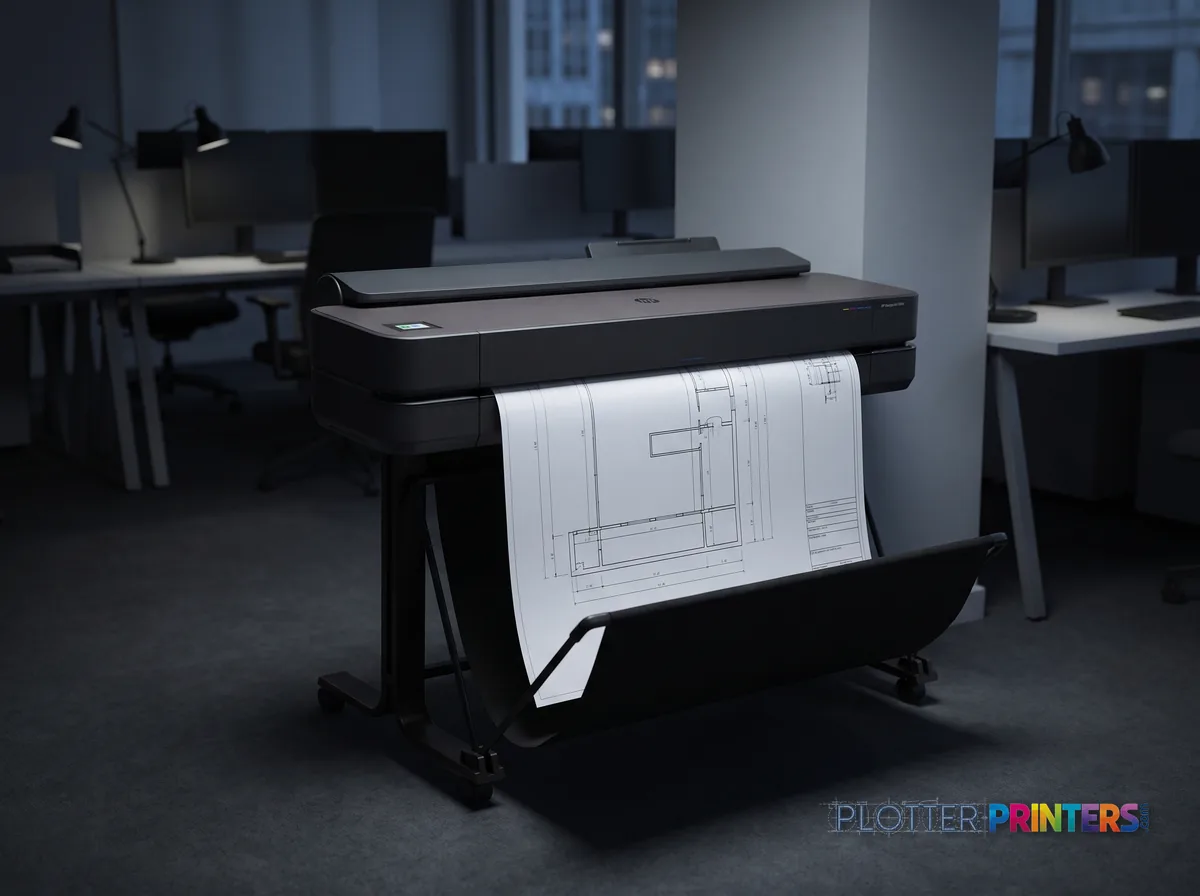 HP DesignJet T650 36-in Plotter in an engineering office with a technical drawing at its print slot (staged scene from manufacturer product photography)