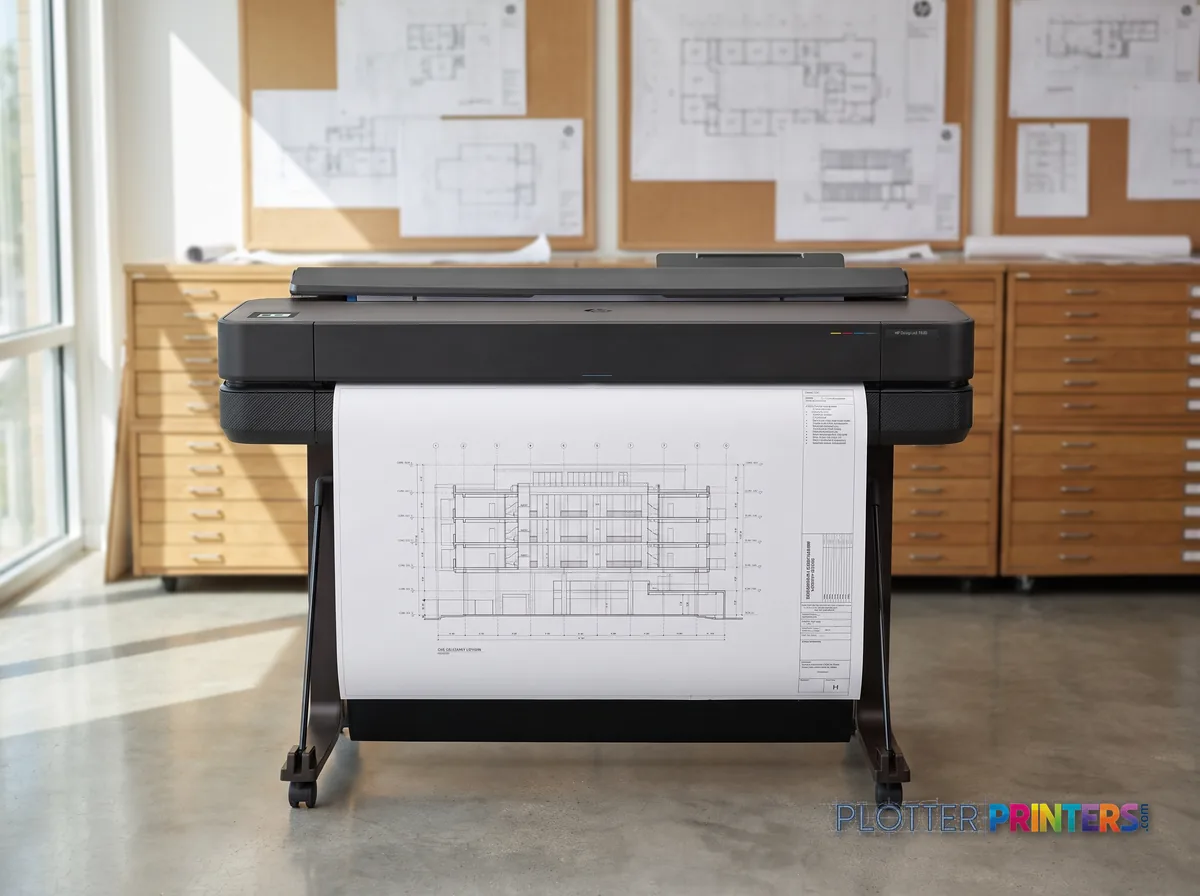 HP DesignJet T650 36-in Plotter in a plan room beside flat-file drawers, printing a CAD elevation (staged scene from manufacturer product photography)