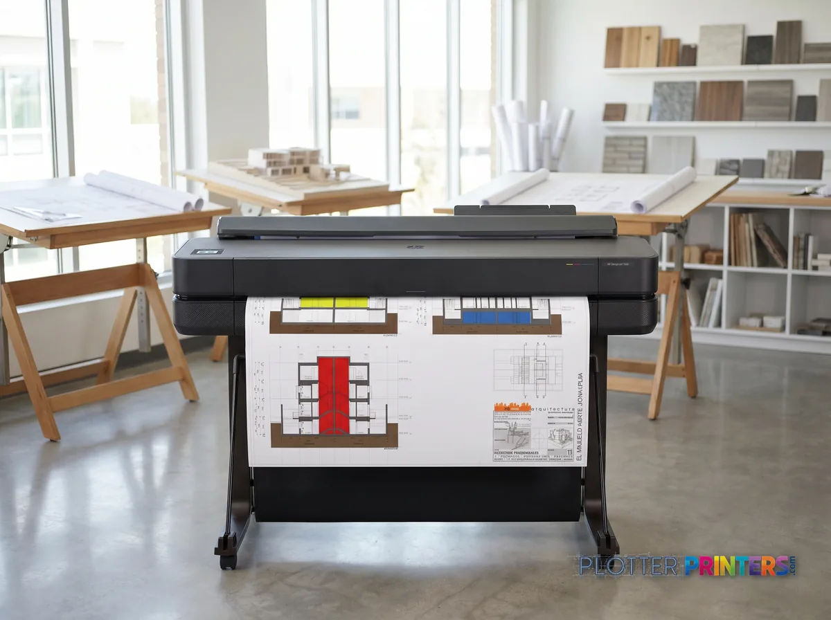 HP DesignJet T650 36-in Plotter in a bright architecture studio, printing a large floor plan (staged scene from manufacturer product photography)