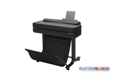 HP DesignJet T650 24-in Printer front-left view showing black printer on stand with output tray