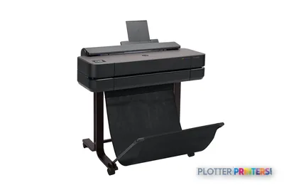 HP DesignJet T650 24-in Printer front-right view showing black printer on stand with output tray