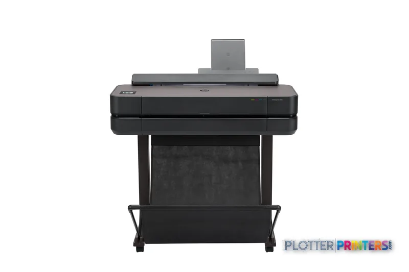 HP DesignJet T650 24-in Printer front-center view showing black printer on stand