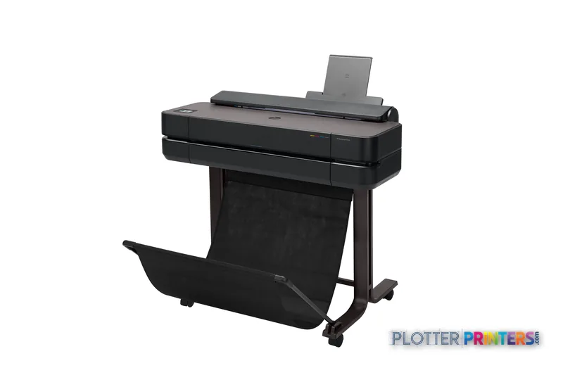 HP DesignJet T650 24-in Printer front-left view showing black printer on stand with output tray
