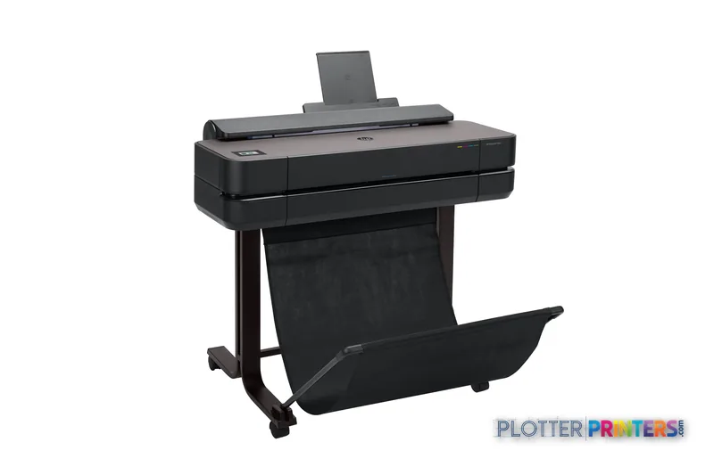 HP DesignJet T650 24-in Printer front-right view showing black printer on stand with output tray