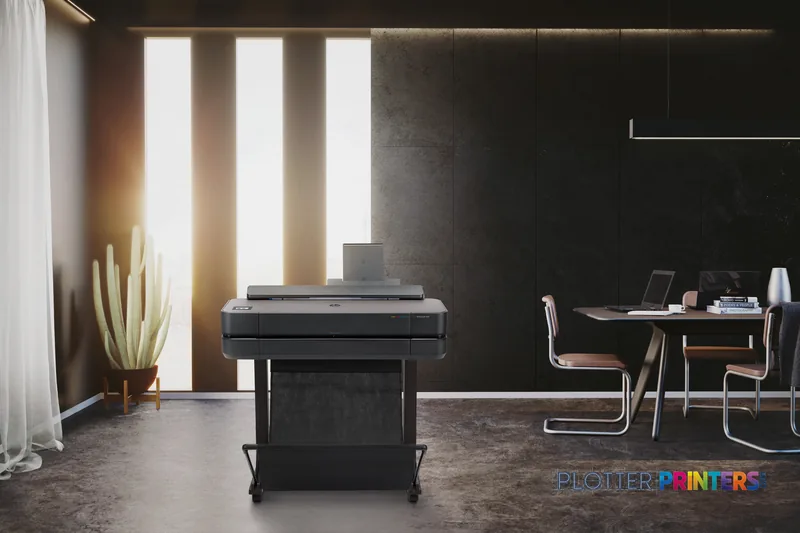 HP DesignJet T650 24-in Printer in a modern office setting with natural lighting