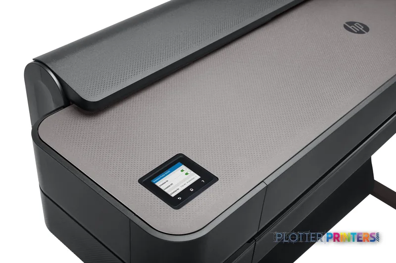 HP DesignJet T650 24-in Printer top view showing gray chassis with touchscreen display and paper feed slot