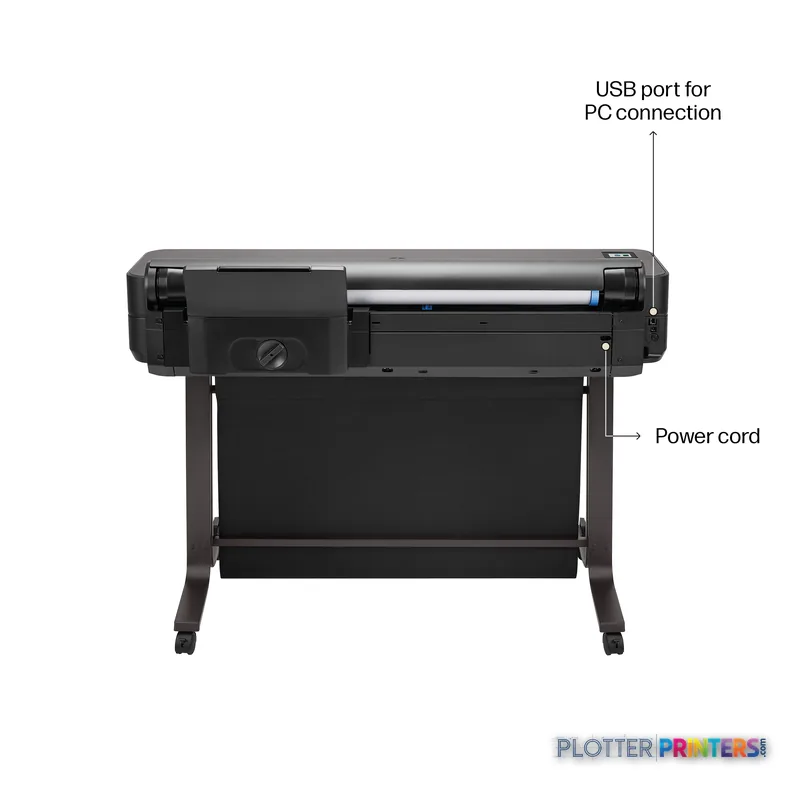 Rear view of HP DesignJet T650 24-in Printer showing USB port, power cord, and stand with wheels