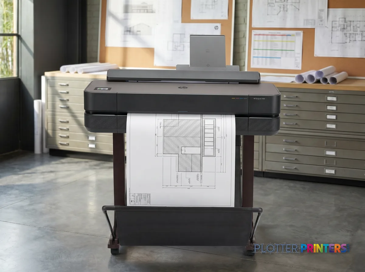 HP DesignJet T650 24-in Printer in a plan room beside flat-file drawers, printing a CAD elevation (staged scene from manufacturer product photography)