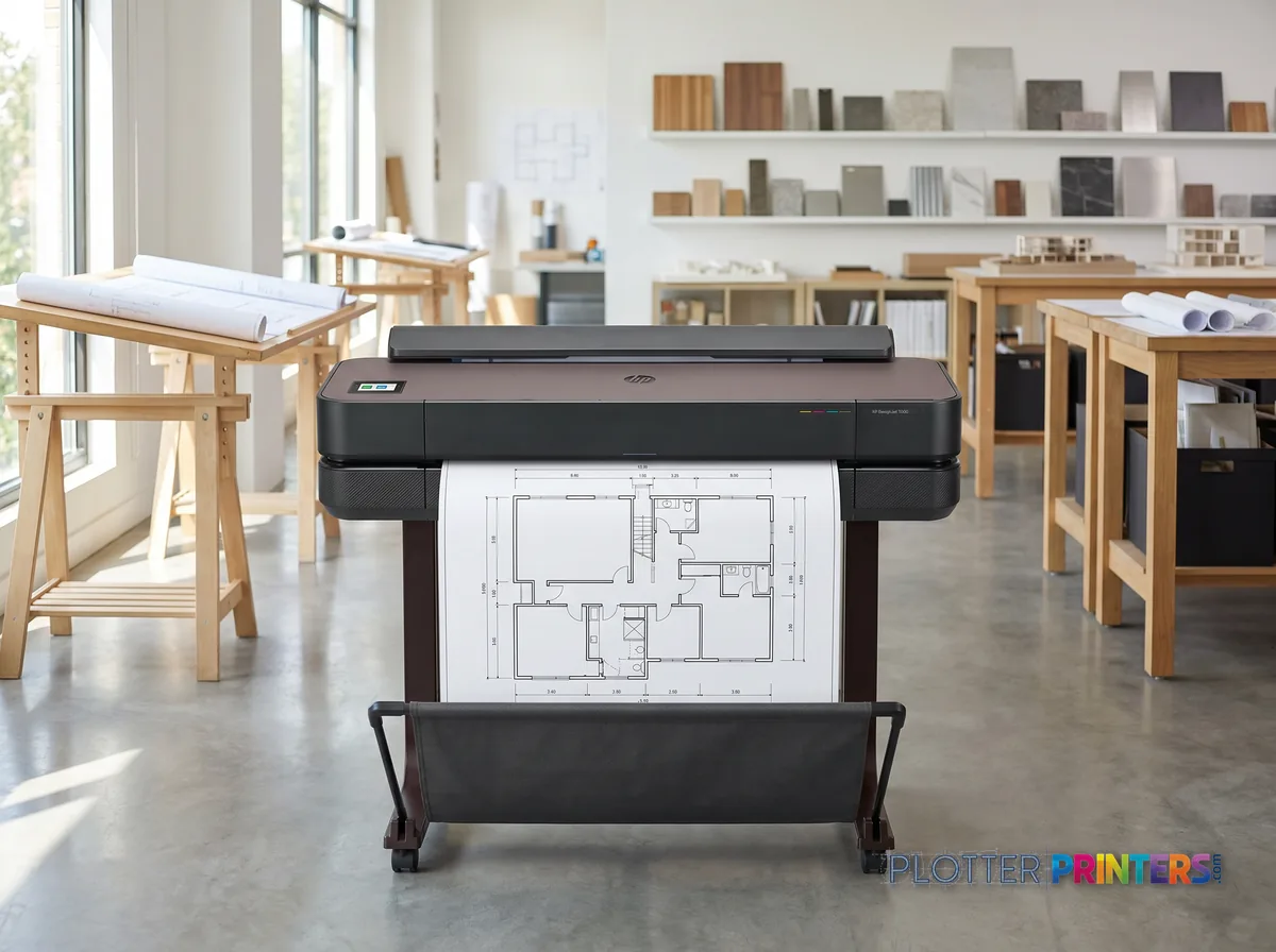 HP DesignJet T650 24-in Printer in a bright architecture studio, printing a large floor plan (staged scene from manufacturer product photography)