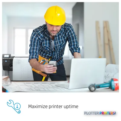HP DesignJet T210 24-in Printer feature callout showing black printer on jobsite with construction worker