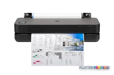 HP DesignJet T210 24-in Printer front view showing black device with white paper roll loaded on top and architectural drawin…