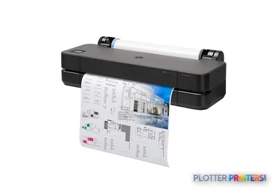 HP DesignJet T210 24-in Printer front-left view with architectural drawings printing