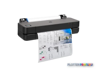 HP DesignJet T210 24-in Printer front-right view showing black printer with paper output tray extended