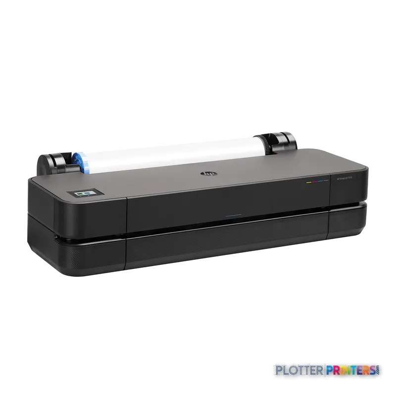 HP DesignJet T210 24-in Printer product detail view showing black printer with white paper roll loaded
