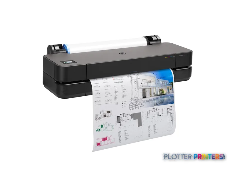 HP DesignJet T210 24-in Printer front-right view showing black printer with paper output tray extended