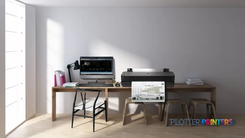 HP DesignJet T210 24-in Printer lifestyle image showing black printer on desk with computer and printed documents